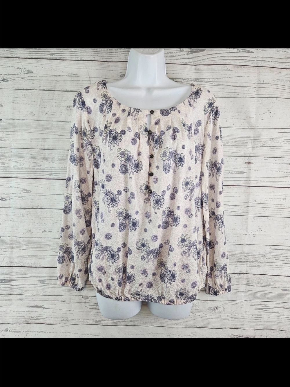 New Lucky Brand Cream Peasant Blouse Purple Floral Print Large